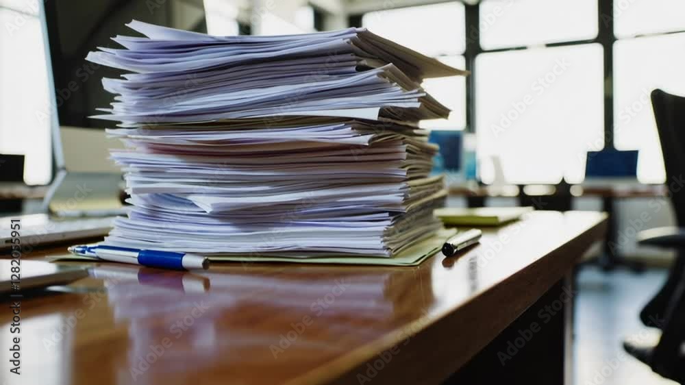 Poster office work stress is depicted by a large stack of papers on a desk, captured in a slow motion seque
