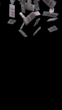 Vertical 100 Ringgit Malaysia Falling Animation Stacks Of Money on Black Screen