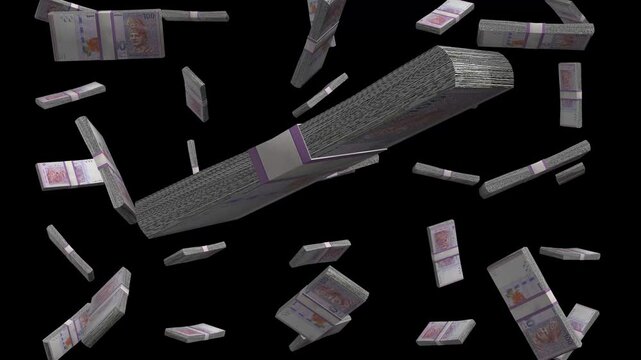 100 Ringgit Malaysia Falling Animation Stacks Of Money on Black Screen