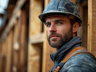 Intense Gaze of a Construction Worker: A Portrait of Determination and Craftsmanship Amidst Wooden Framework on a Job Site, showcasing Skill and Dedication.