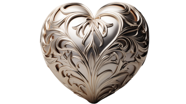 Silver Ornate Heart 3D Romantic Design, Luxury Valentine�s Day Decoration, isolated on transparent background.