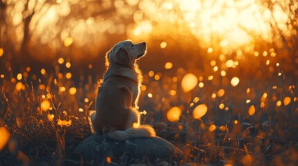 Golden Retriever at Sunset in a Field of Flowers
