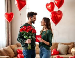 Romantic couple exchanging Valentine's gifts at home with heart balloons, love and happiness moment