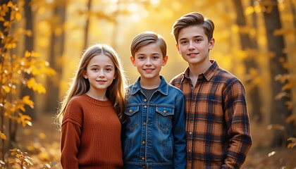 Fototapeta premium Siblings in Autumn Garden – Heartwarming Family Bond