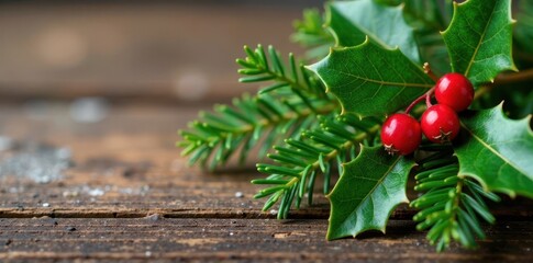 Evergreen sprig with holly leaves and red berries on a rustic wooden table, wintertime, seasonal, holiday decor