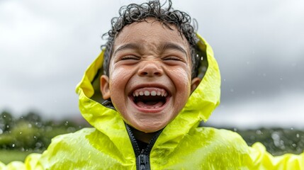A young child, likely a boy, is laughing outdoors under a raincoat.