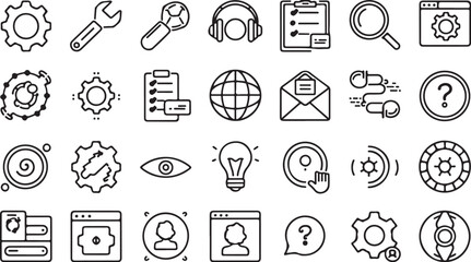 Line art icons, tech symbols, settings gear, wrench, headphones, globe, email, camera, magnifying glass, light bulb, user profile, cloud computing, support, question mark, monochrome, simple design,