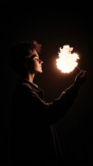 Young caucasian male in darkness holding glowing flame