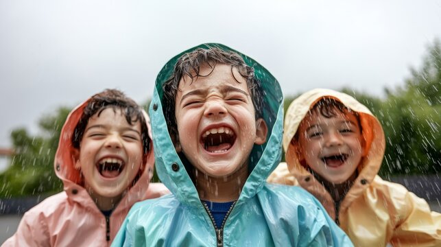 Children having fun in rain, wearing colorful ponchos and laughing.
