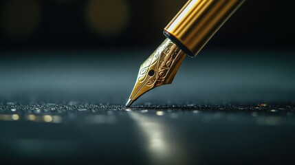 A close-up view of a golden fountain pen poised over paper, showcasing intricate details and a blurred background.