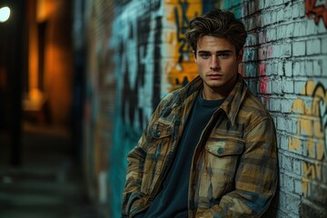 Naklejka premium A young man with styled hair leans against a graffitied brick wall in a dimly lit alleyway, wearing a patterned jacket.