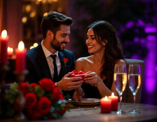 Loving couple exchanging a Valentine's gift at an intimate candlelit dinner

