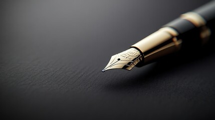 A close-up image of a luxury fountain pen with a gleaming nib, resting on a textured black surface, highlighting elegance and craftsmanship.