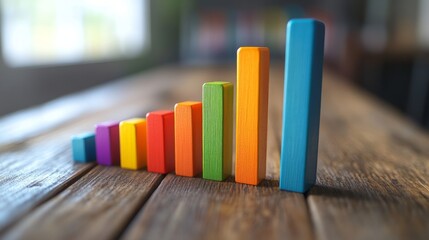 Colorful wooden blocks arranged in ascending order on a rustic wooden table in a well-lit environment