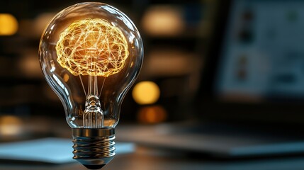 A glowing light bulb with intricate filaments, symbolizing creativity and innovation, set against a blurred background.
