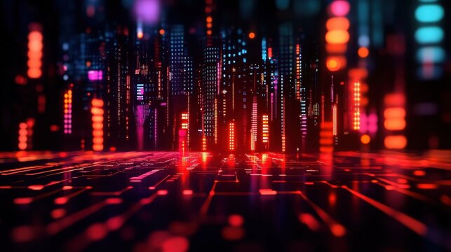 A vibrant digital cityscape with glowing lines and colorful lights, representing technology and data flow in a futuristic environment.
