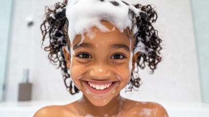 A young child smiling at the camera while taking a bath.