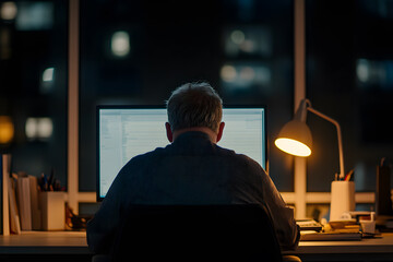Working late at night, an individual sits at a computer, illuminated by a desk lamp. The city lights sparkle in the background through a large window.