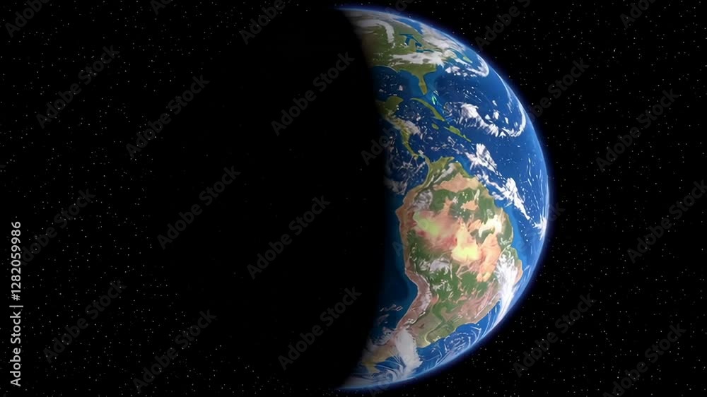 Poster rotating planetary globe spinning slowly against starry cosmic background, revealing shadowed contin