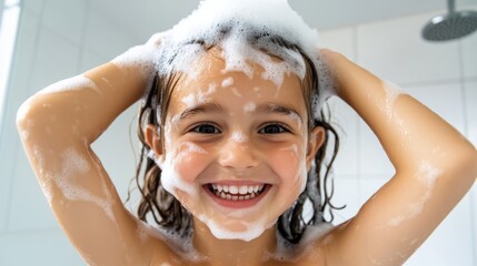 Little girl washing her face with soap foam.