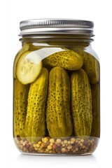 Jar of pickles with mustard seeds on white background