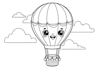 Black and white coloring book page, smiling hot air balloon with a cute face, floating gently in the sky, a few fluffy clouds around