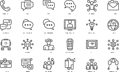 Line icons, communication symbols, phone, chat bubbles, network connections, email envelope, social media, mobile devices, video call, global connectivity, lightbulb idea, user profile, 