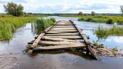 Fototapeta premium Broken Bridge Over a River Symbolizing Failure and Abandonment