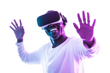 African man in vr glasses, playing video games with virtual reality headset, trying to touch metaverse 
