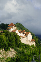 old royal medieval castle in the mountains swiss alps with green forest around in summer in smallest country in europe with mountains behind
