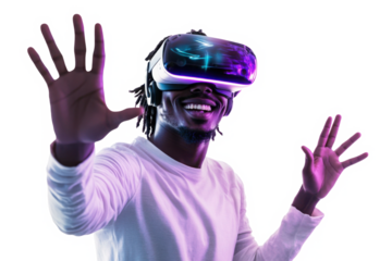 African man in vr glasses, playing video games with virtual reality headset, trying to touch metaverse 
