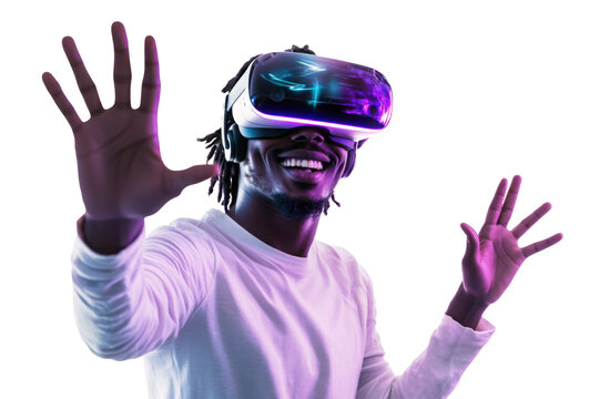 African man in vr glasses, playing video games with virtual reality headset, trying to touch metaverse 

