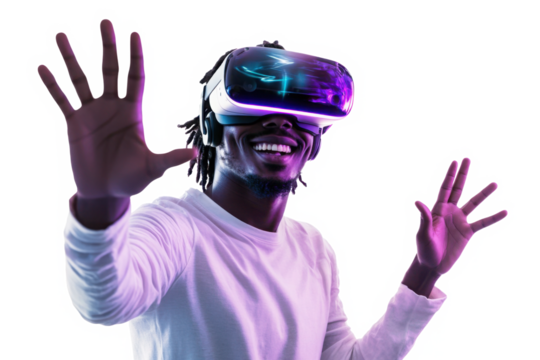 African man in vr glasses, playing video games with virtual reality headset, trying to touch metaverse 
