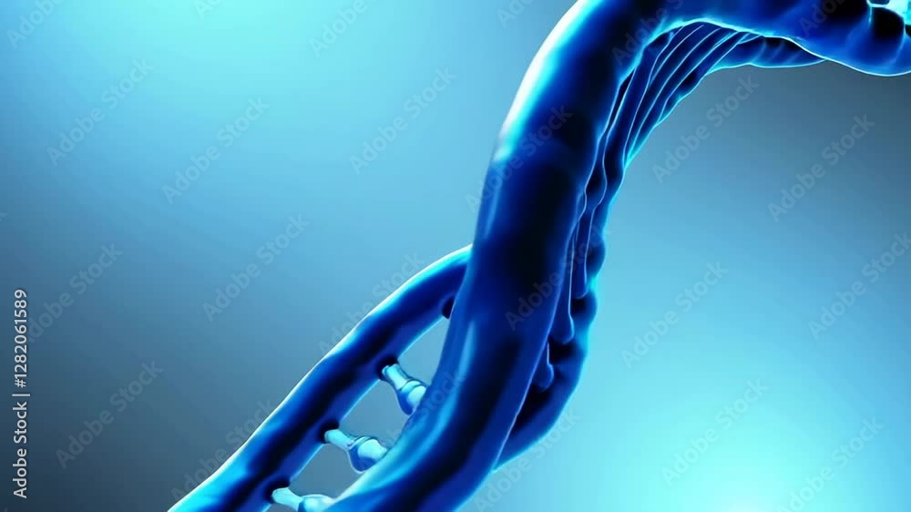Poster rotating double helix model spinning slowly against gradient blue background, revealing intricate ge
