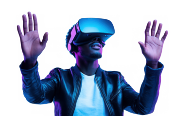 African man playing video game with virtual reality headset, trying to touch something with hands in metaverse 
