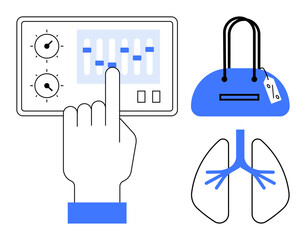 Hand adjusting control panel toggles, blue handbag with lock, outline of lungs with blue bronchi. Ideal for health, medical technology, fashion, lifestyle, respiratory care, digital interfaces