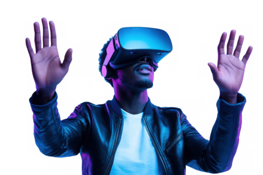 African man playing video game with virtual reality headset, trying to touch something with hands in metaverse 
