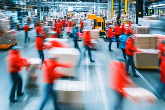 Busy courier service hub with employees handling packages in motion. Generative AI