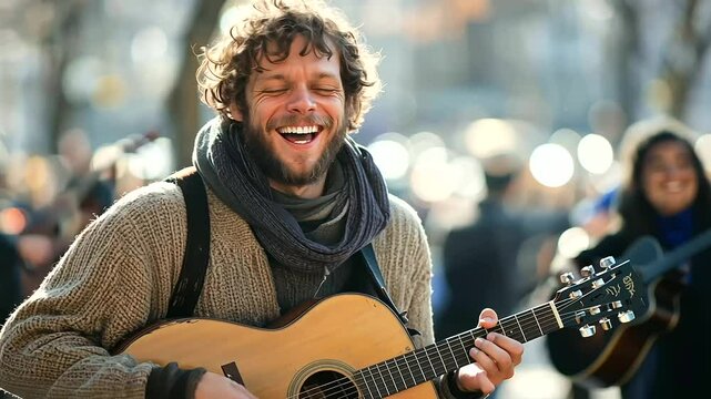 Street performer selling music CDs to curious passersby