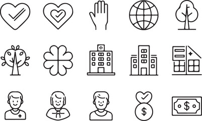 Fototapeta premium Line art icons, minimalist design, black and white, community symbols, hearts, hand, globe, tree, family, medical cross, buildings, people portraits, money, charity concepts, simple outlines, vector