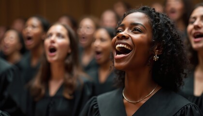 Obraz premium Young Black female singer performs in choir, surrounded by fellow choir members. Curly hair. Passionate emotion, harmony, oneness, youth expression practice in artistic community. Uplifting musical