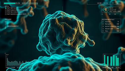 3D Rendered Illustration of an Electron Microscope Scanning Molecular Surface with Digital Interface