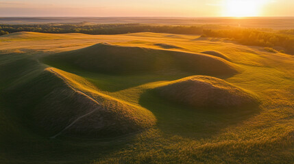 Aerial view of ancient burial mounds on lush green hills, illuminated by soft golden light at sunrise.