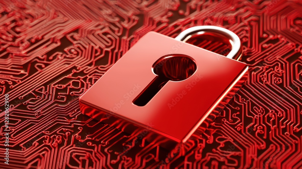 Poster red lock symbolizing cybersecurity on computer circuit background