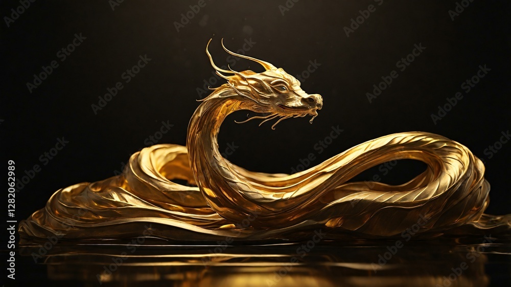 Wall mural Minimalist abstract Naga spirit, flowing golden curves, glowing ethereal form, dark background, elegant and mystical design, Thai mythology-inspired, soft golden light reflection, high detail,