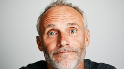 Obraz premium The image features an older adult male with a beard, wearing a black shirt and looking directly at the camera with a quirky expression.
