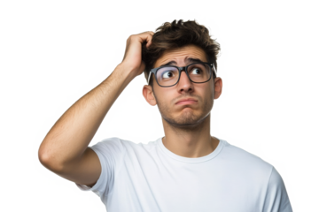 Young man wearing glasses scratching his head trying to find solution 
