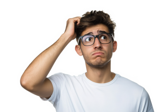 Young man wearing glasses scratching his head trying to find solution 
