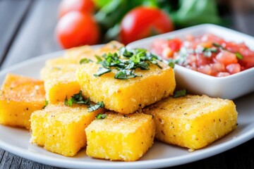 Crispy polenta squares with fresh salsa and tomatoes