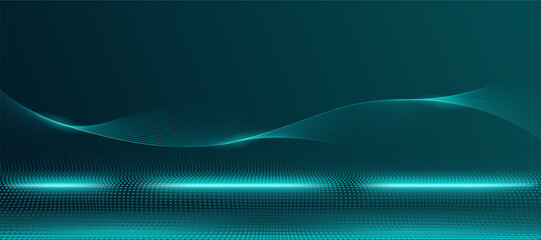 Halftone dots and twisted lines on abstract dark green gradient background, futuristic neon glowing scene, modern technology, social network connection signs. Art & Illustration